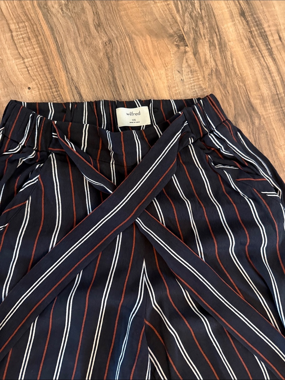 Wilfred Navy Stripe Tie-Front Pants with Rust and White Lines